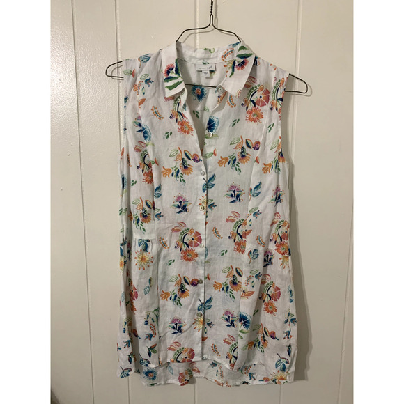 J Jill Love 100% Linen Size Med Sleeveless Floral Button Up Tunic Blouse Shirt - Picture 1 of 7
